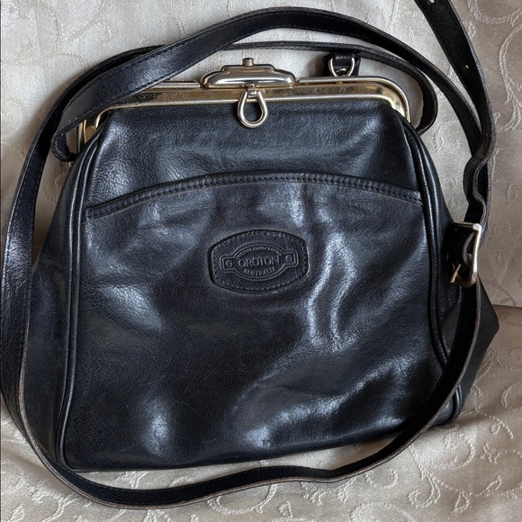 Oroton Black Leather Crossbody Bag with Gold Accents - Picture 2 of 11